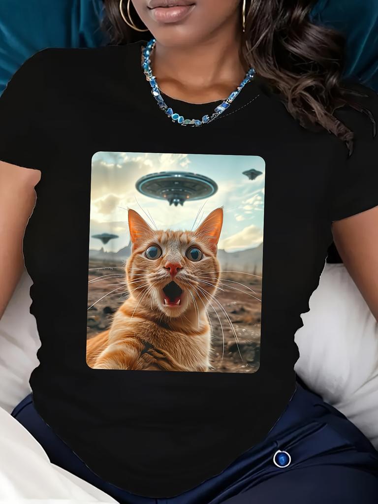 Women's UFO Cat Graphic T-Shirt - Black Short Sleeve Crew Neck Machine Washable Casual Summer & Spring Top