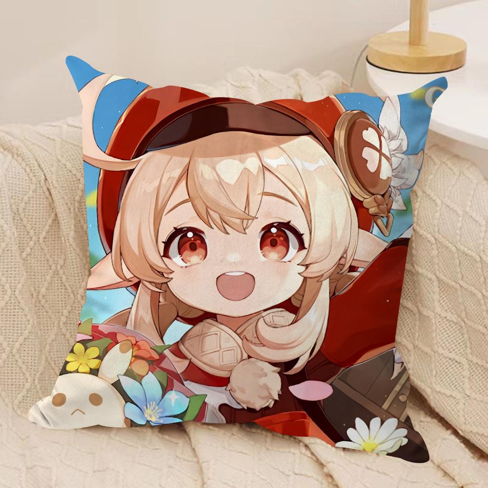 Klee Cute Genshin Impact Cushion Cover Silky Short Plush Invisible Zipper Dustproof Sofa Pillow Case For Home Decor
