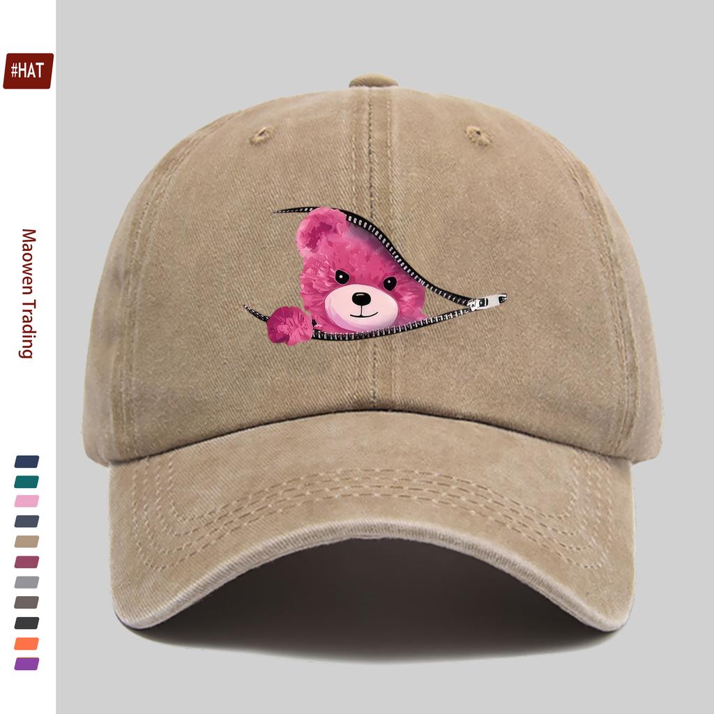 Pc Red Cartoon Teddy Bear Print Baseball Cap Home Leisure Decorative Hat Colorful Floral Print Papa Hat with Adjustable Buckl