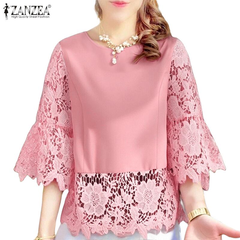 

ZANZEA Women Casual Lace Crochet Splice 3/4 Sleeve Loose Blouse S чёрный