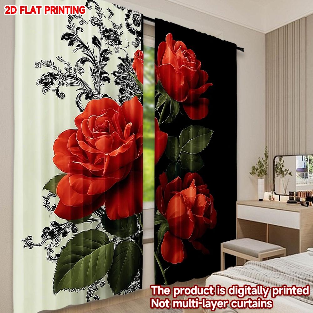 Flat Printing Happy Valentine Day Party Curtain Rose Rhythm Print Digital Printed Polyester Drapes Festive Holiday Use Curtains Set Of 2 Made