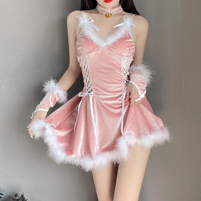 Sexy white fluff suspender skirt christmas suit bar live streaming host strap hollowed bunny costume stage performance