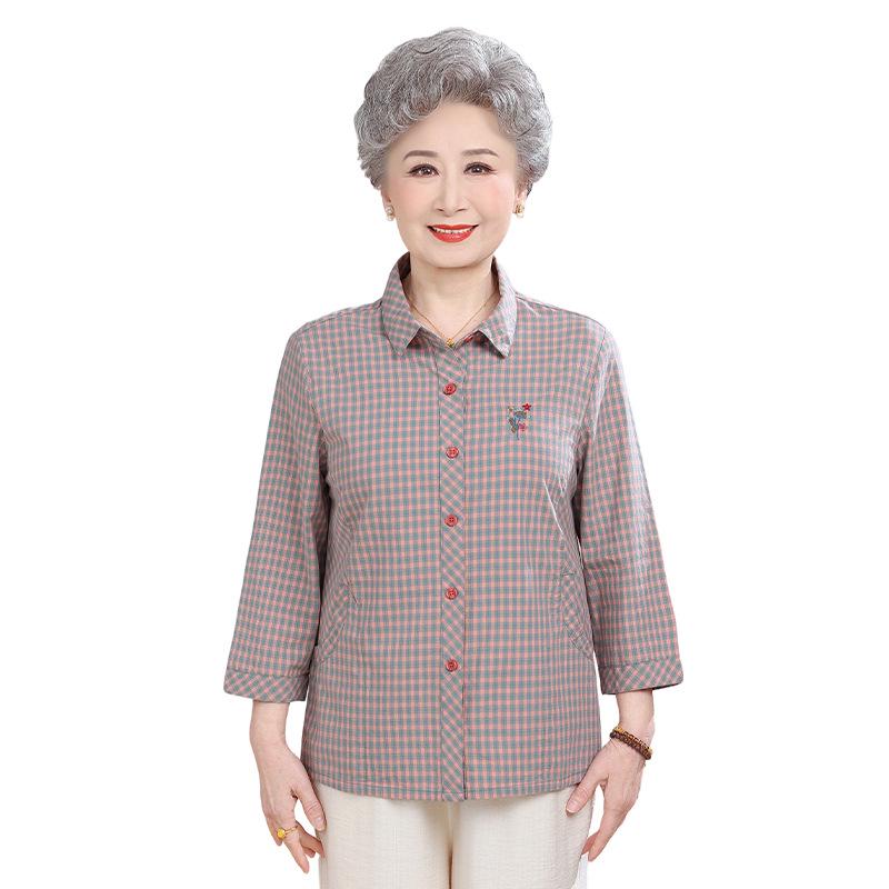 Mid-Length Pure Cotton Shirt for Elderly Women - Three-Quarter Sleeve Top for Spring/Summer