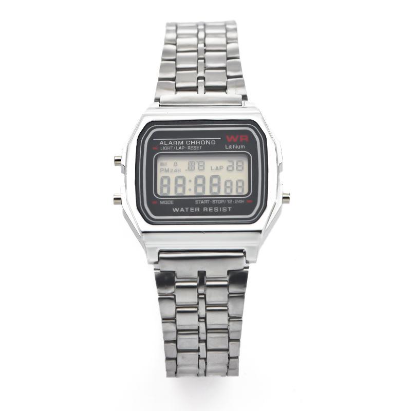 

F91W Часы спортивные цифровые светодиодные многофункциональные с браслетом из нержавеющей стали для мужчин и женщин серебряный