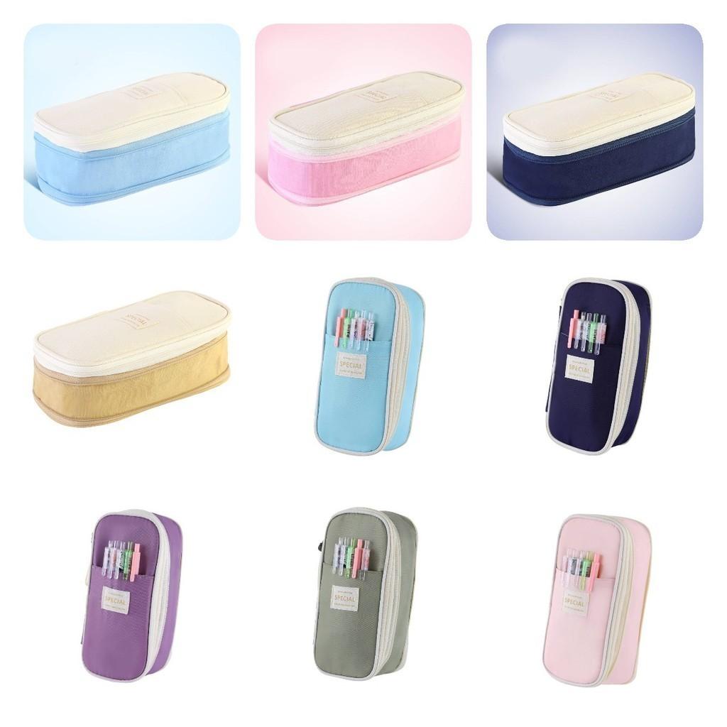 Stylish Macaron Color Canvas Expandable Large Capacity Pencil Case With Dual Zippers