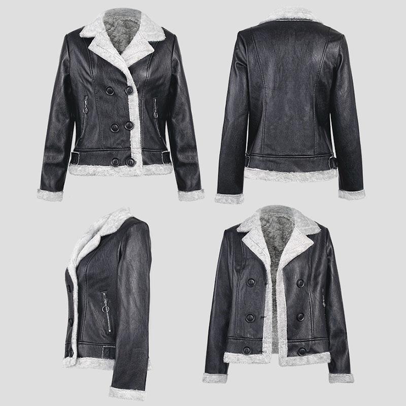 Women's Fleece Leather Jacket Thick Warm Flocked Leather Coat Turn-Down Collar PU Leather Jacket