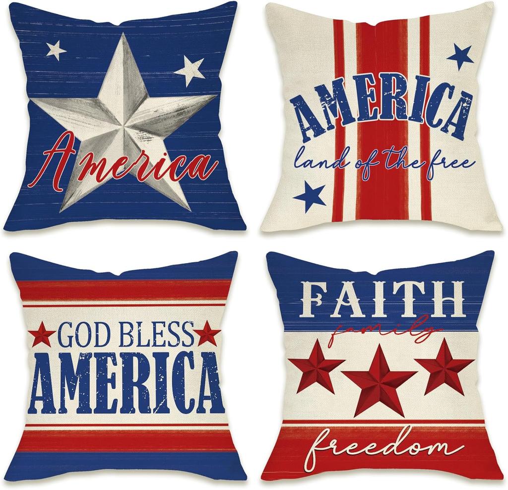 4Th Of July Patriotic Decorative Throw Pillow Covers Set Of 4, America Usa Red White Blue Stripes Stars Porch Outdoor Pillowcase
