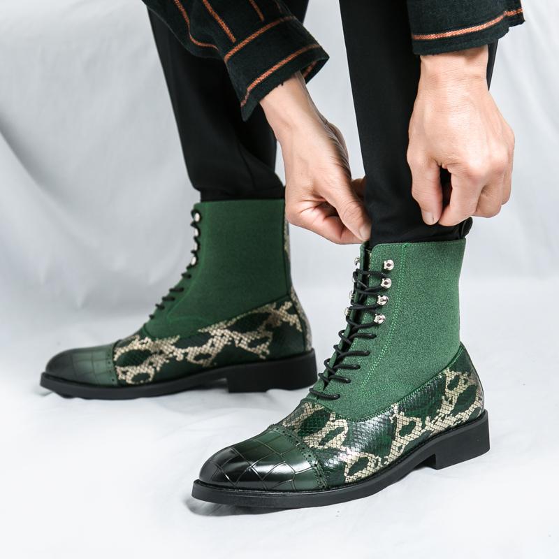 Men Green Leather Boots New British Style High Top Fashion Work Boots Outdoor Street Fashion Chelsea Men Shoes Comfortable Short