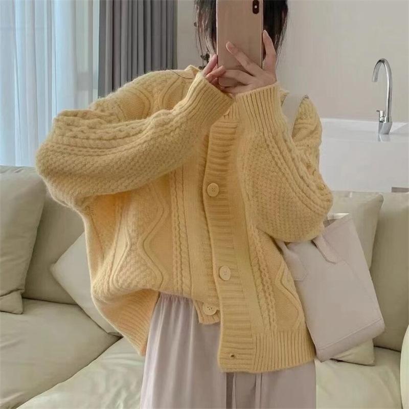 Cardigan tricotat galben Femei Pulover largi Kaki Îmbrăcăminte exterioară Pulovere Y2k Pulover Palton