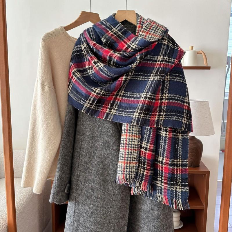 Soft Acrylic Winter Scarf Women Sweet Minimalist Plaid Shawl Warm Cozy Neck Wrap Student Fashion Accessory