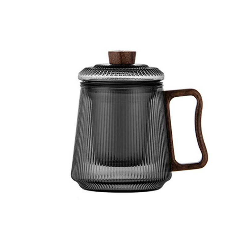 450ml Wooden Handle Vertical Stripe Heat-resistant Glass Tea Cup With Tea Infuser Filter Flower Tea Water Separation Tea Mug