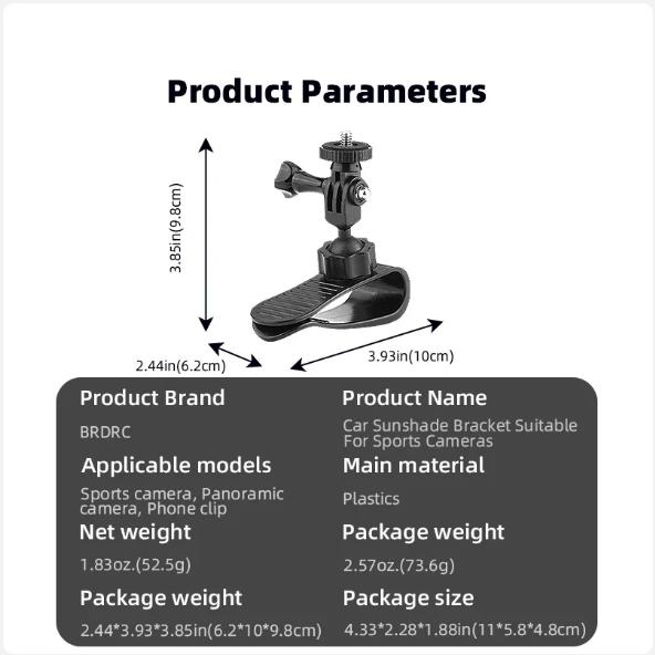 BRDRC Držák sluneční clony do auta pro Insta360 X3/Pocket 3/GoPro Hero 12 11 10 9 8 7/Akční kamera Příslušenství k chytrému telefonu