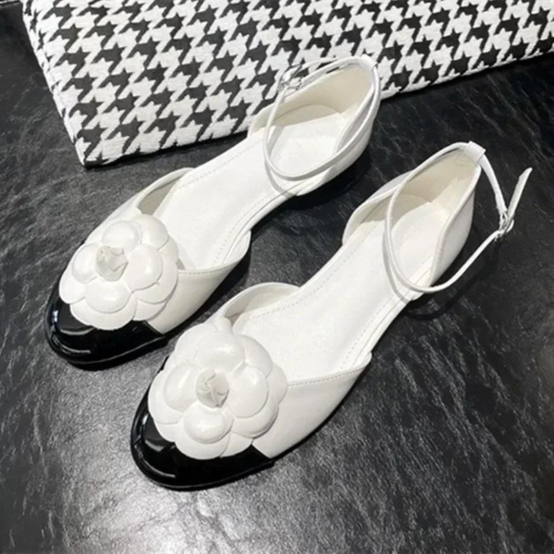 Fashion Luxury Designer Flower Flower Decoration Covered Toe Mary Jane Shoes Women 2025 Summer Hollow Low Heel Soft Leather Flat Sandals