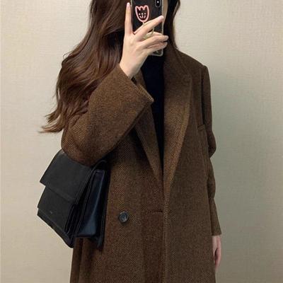 Women's Brown Wool Blend Single-Breasted Notch Lapel Trench Coat