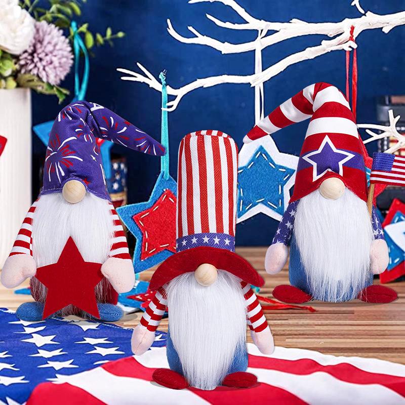 American Independence Day Gnome Ornaments: Faceless Doll Figurines with Stars & Rudolph.