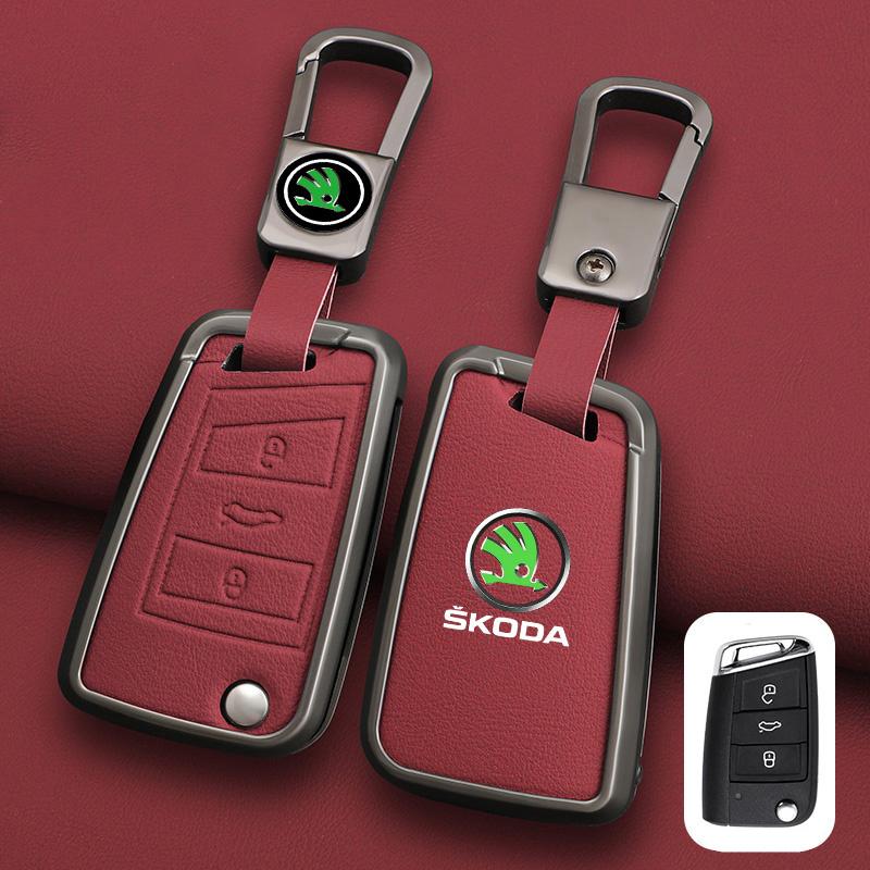 

Leather Car Remote Key Case Full Cover Protector Holder Shell Fob For Skoda Superb A7 Kodiaq Octavia A7 A8 Keychain Accessories