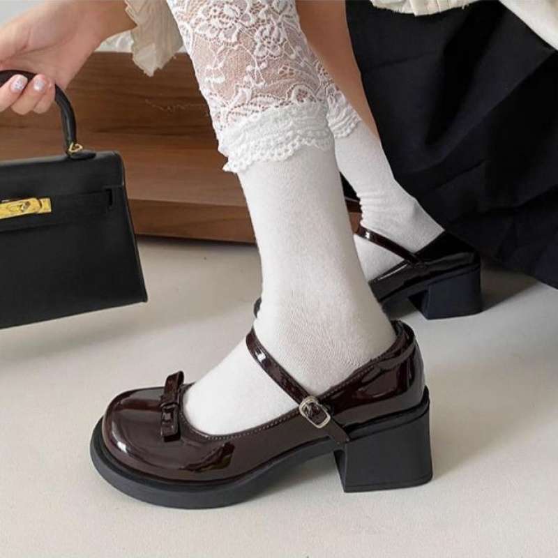 Thick Heel Retro Mary Jane Shoes Women's 2025 Autumn New Bow Japanese Jk Versatile Brown One-word Buckle Small Leather Shoes