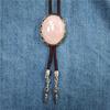 Vintage Oval Shape Stone Pendant Bolo Tie Western Braided Rope Adjustable Necktie Jewelry Shirt Collar Chain Necklace
