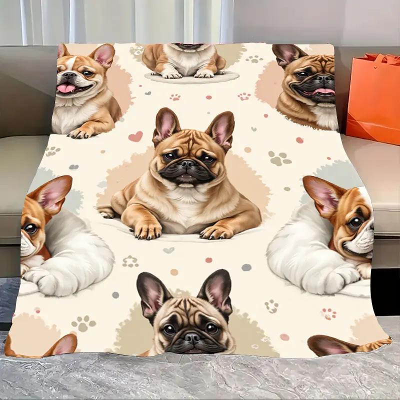 1PC Flannel Blanket – Cute French Bulldog Print, Soft Cozy Throw for Home Decor, Couch, Bed, All-Season Use