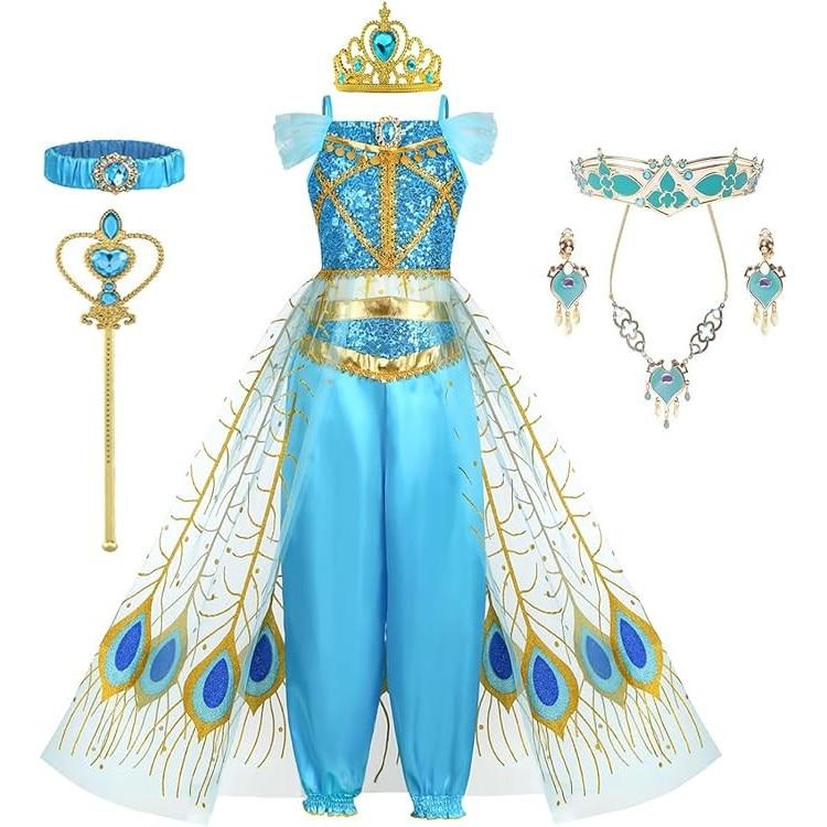 Girls Jasmine Princess Costume Set with Crown & Accessories, 4-5 Years, 120 Cm, Blue