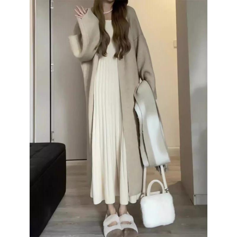 New autumn and winter women's knitted sweater long-sleeved with coat and bottom long dress dress