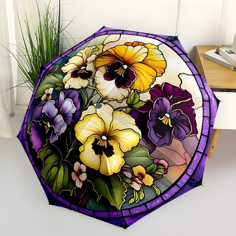 

1pc Stained Glass Flowers Automatic Opening/Closing Umbrella with Operation & Windproof Canopy yy260311012