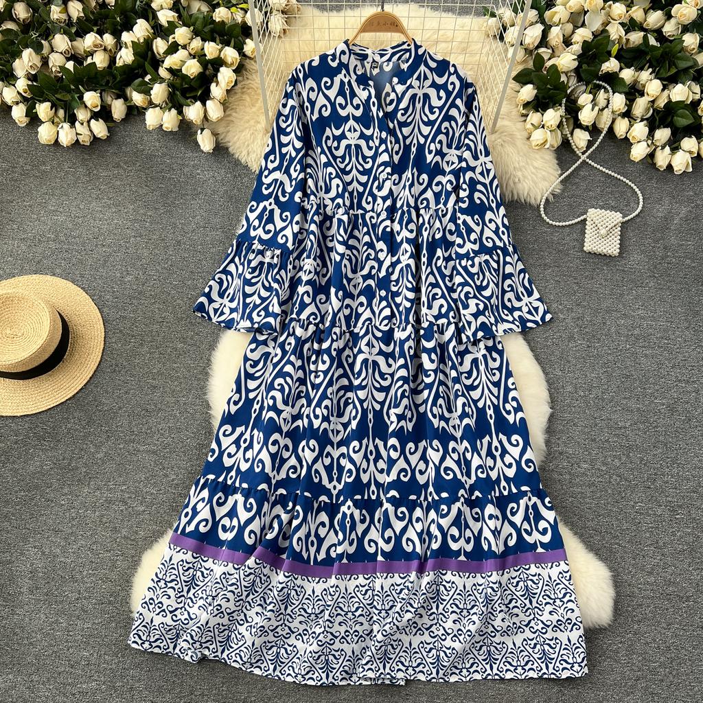 Květinový potisk Volné šaty s rozšířenými rukávy pro jaro/léto pro ženy Nové Prázdninové Volnočasové Temperamentní Dlouhé A-linie šaty