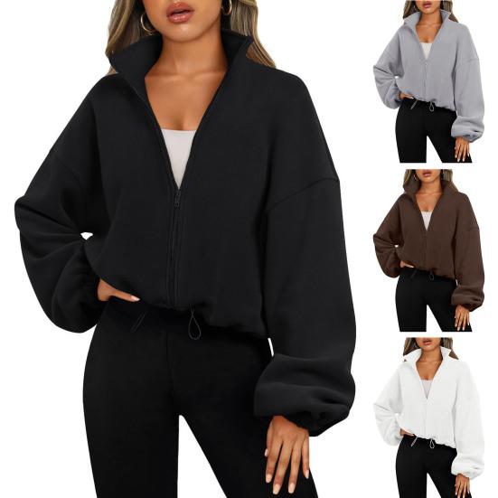 Women's Zip Drawstring Fleece Short Jacket Full Hem Stand Collar Warm