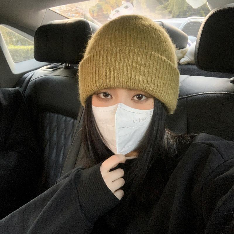 Hat Women's Autumn and Winter Wool Hat Tide Warm Ear Protector Cold Hat Pullover Hat Solid Color Versatile Face Small Knitted Hat