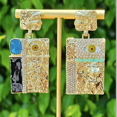 Literackie Retro Vntage Wiatr Oko Asymetryczne Kolczyki Kwadratowe z Brylantami Złoto Srebrna Igła S925