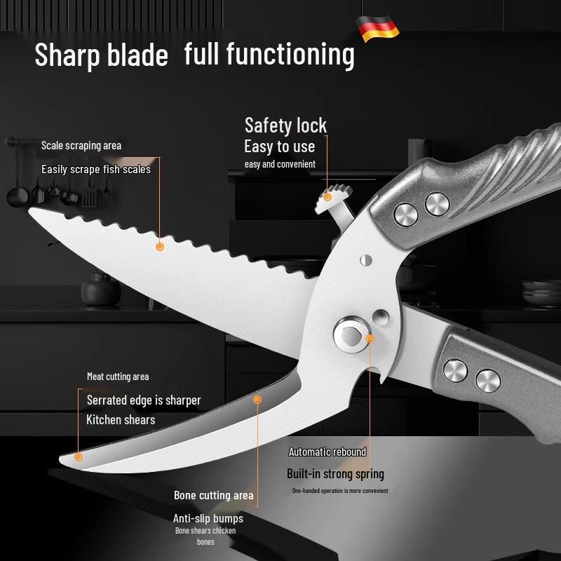 All-Stainless Steel Multi-Functional Kitchen Shears for Chicken, Duck, and Fish