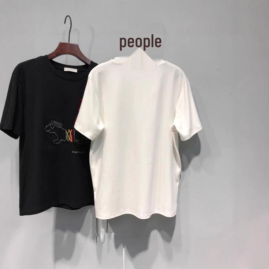 Plus Size Embroidered Puppy Cotton Short Sleeve T-Shirt for Women - Summer 2025 Loose Fit