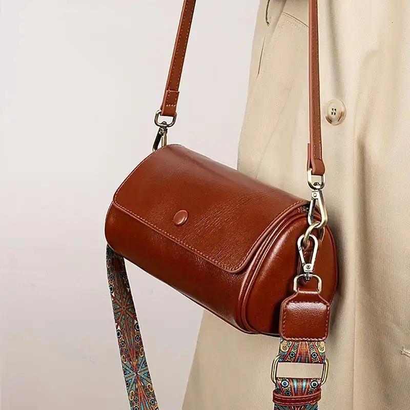 Cylindrical Pillow Genuine Leather Women's Handbag, Underarm Bag Fashiable Versatile Women's Commuting Shoulder Crossbody Bag