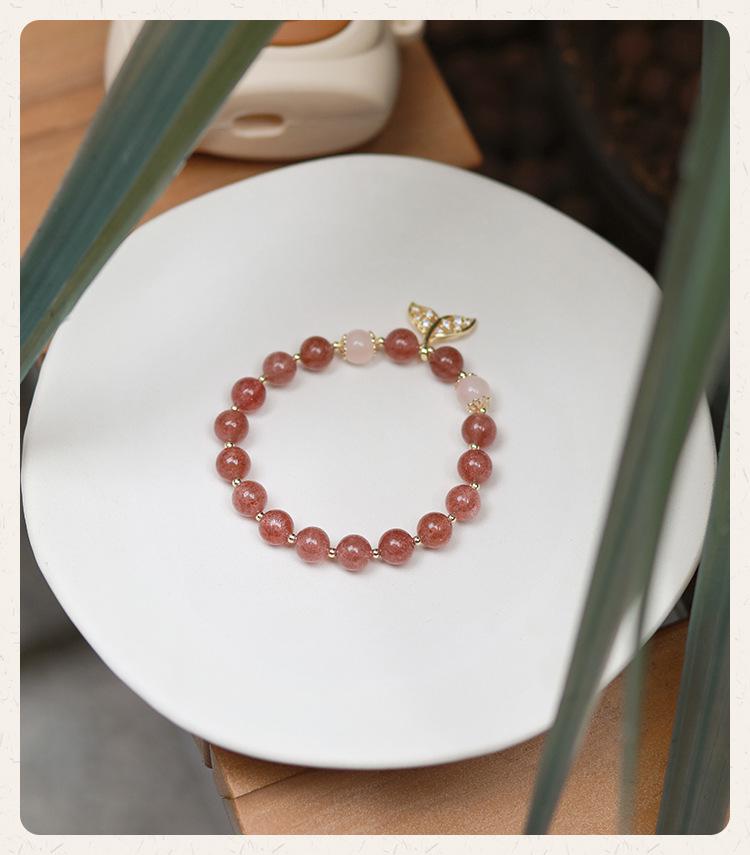 Women's 5A Grade Natural Strawberry Quartz Beaded Bracelet with Fishtail Charm - Cute & Sweet Crystal Jewelry