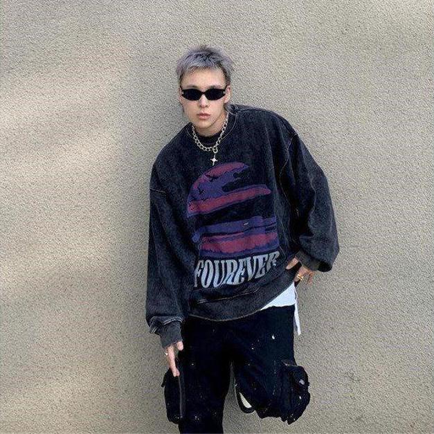 Vintage Distressed Sweatshirts Fleece Women Hip Hop Streetwear O-Neck Loose Long Sleeve Print Graphic Hoodie Autumn Winter