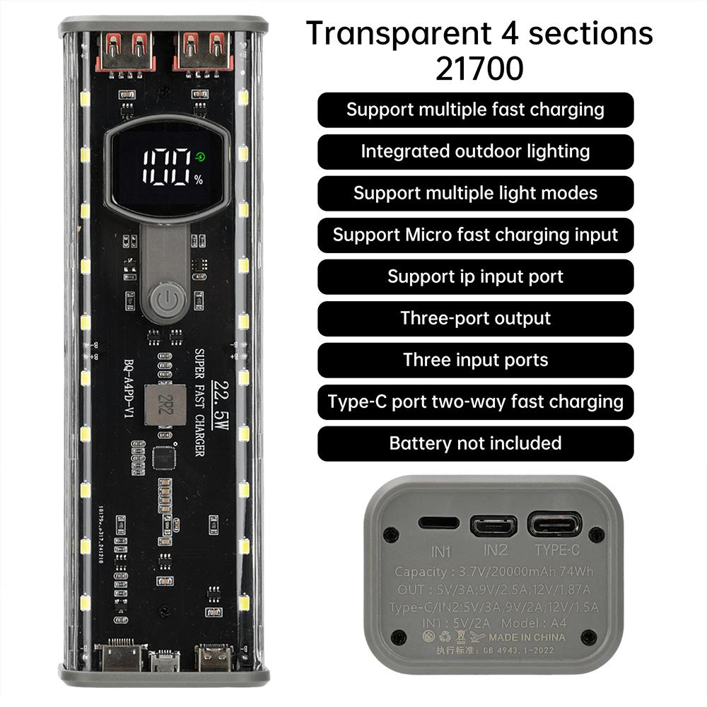 DIY Power Bank Case Mecha Transparent Model Rechargeable Battery Case No Soldering 4pcs 21700 Battery Box