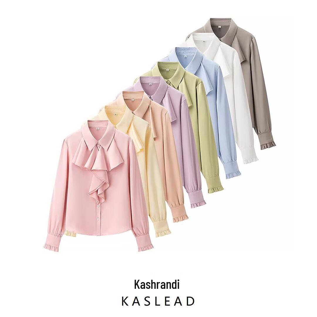 

2025 Spring Women s European & American Fashion Silk Satin Ruffle Long Sleeve Shirt M