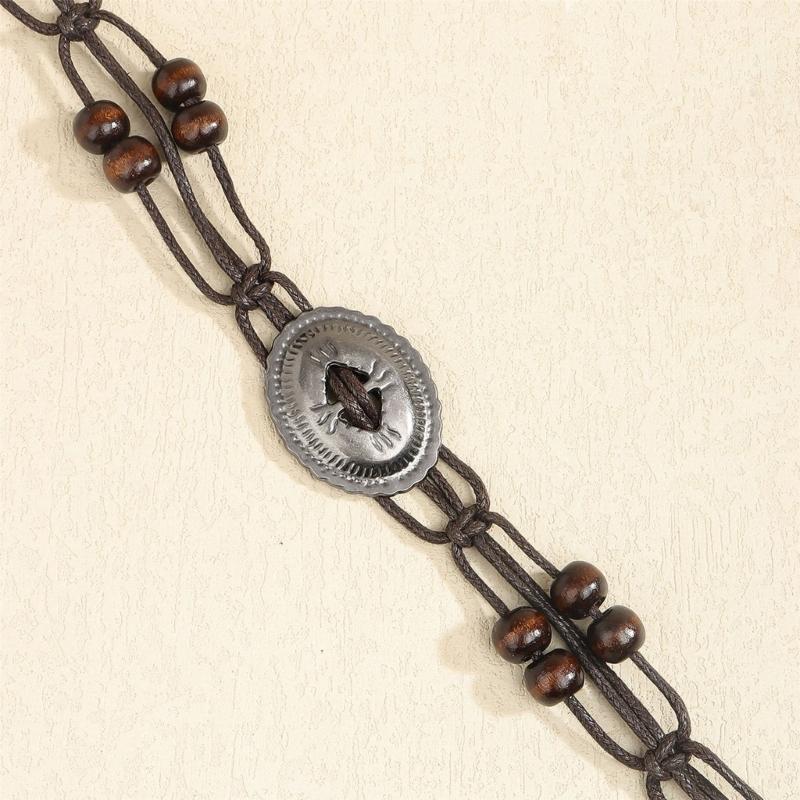 Braided Brown Beaded Belt Chain Unisex Body Jewelry For Layering Outfits Wax Rope Ethnic Style