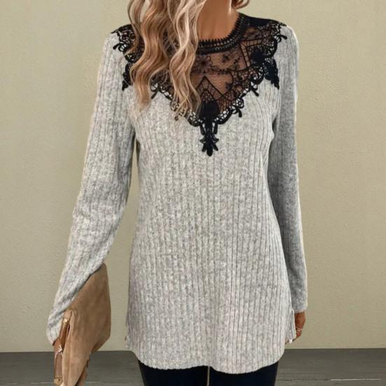 

Yousheng осень-весна женский топ с ажурным кружевом в стиле пэчворк, цветной круглый вырез, длинный рукав, толстый мягкий теплый пуловер, блузка средней длины 2XL серый