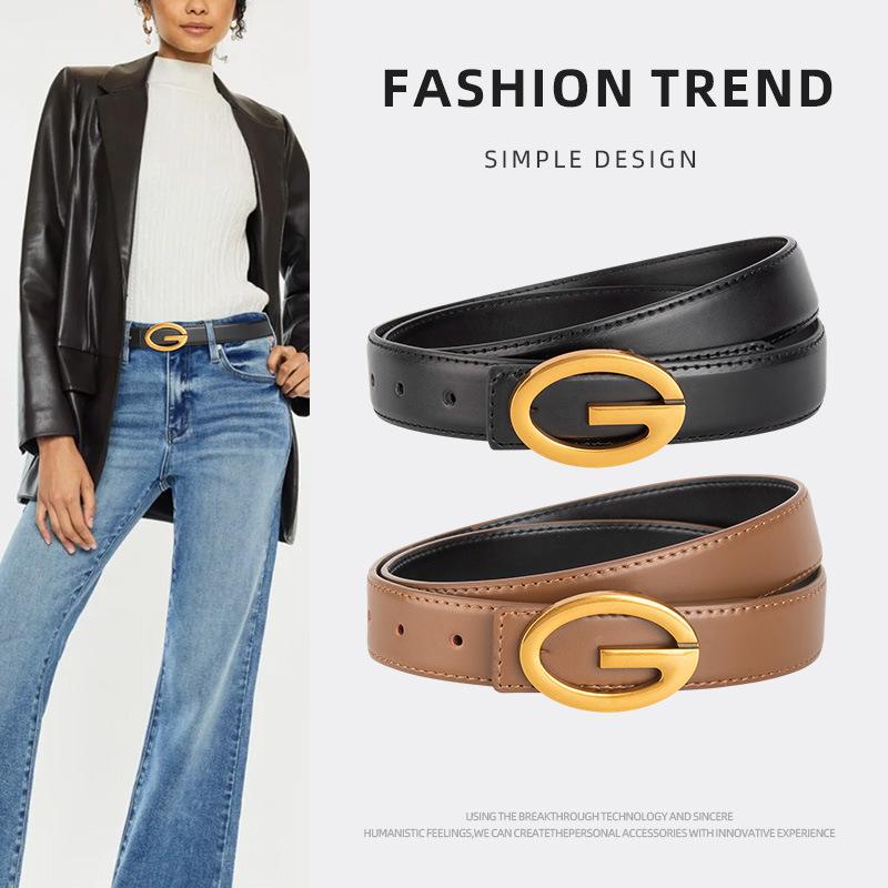 Versatile Women's Thin Belt Genuine Leather Paired with Jeans Fashionable Casual Letter Buckle Belt Women's Simple Belt