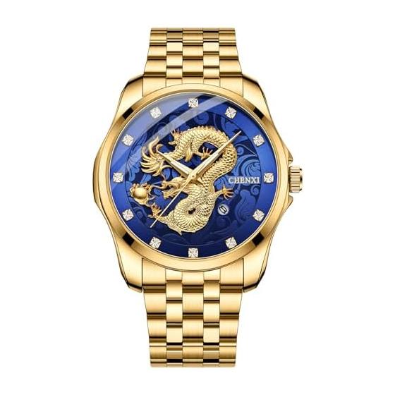 Dragon Watch Men s Stainless Steel Gold: Luminous Analog Calendar Dragon Quartz Watch Antique 3ATM Waterproof Men s Fashion Accessories Gold -