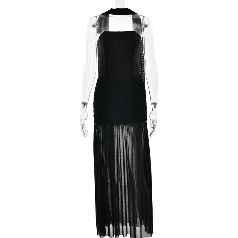 European and American pure desire style sexy one-word shoulder mesh tube top dress femininity high waist slim splicing hip wrap dress