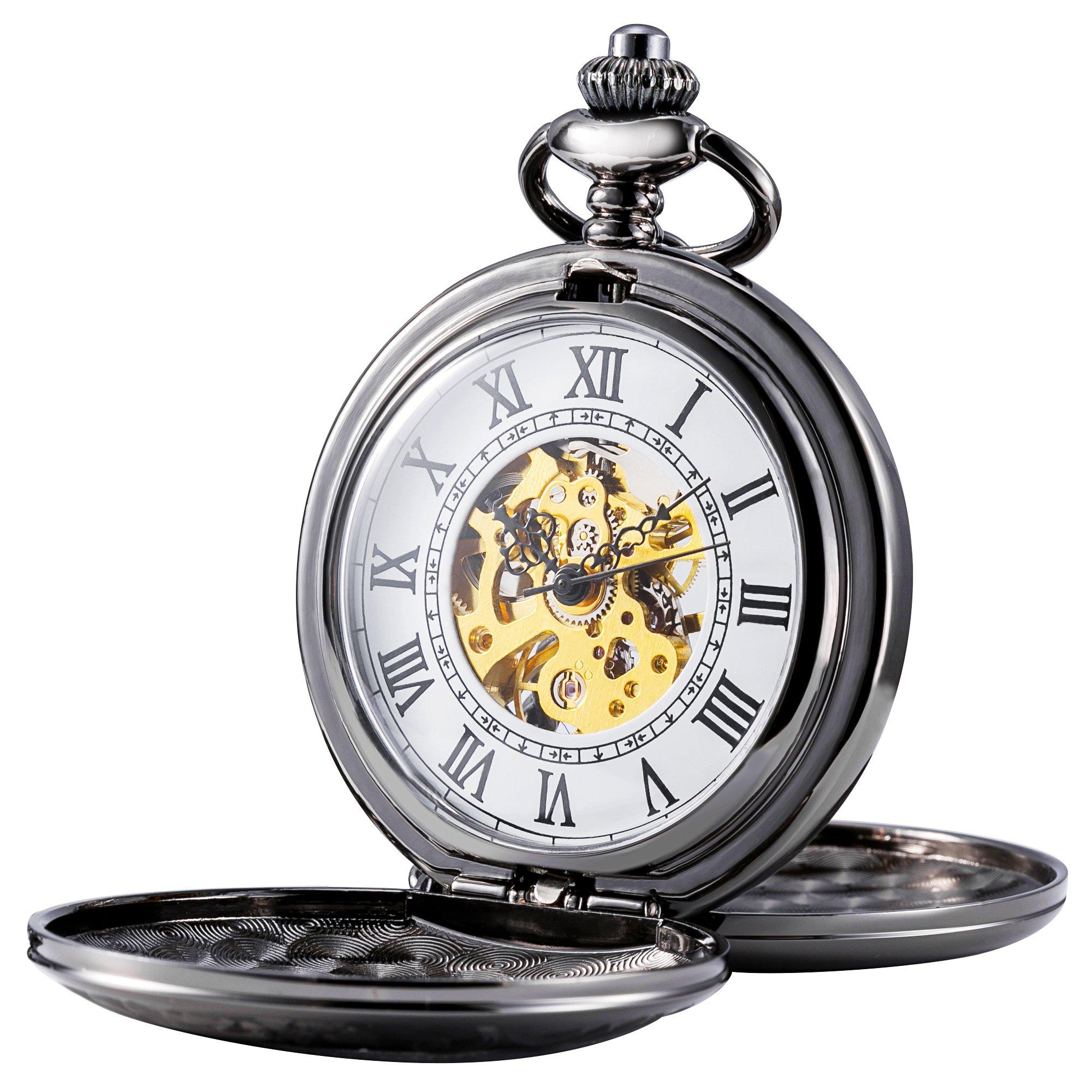 

TREEWETO скелетон механические карманные часы ретро римские цифры Half Hunter черные мужские