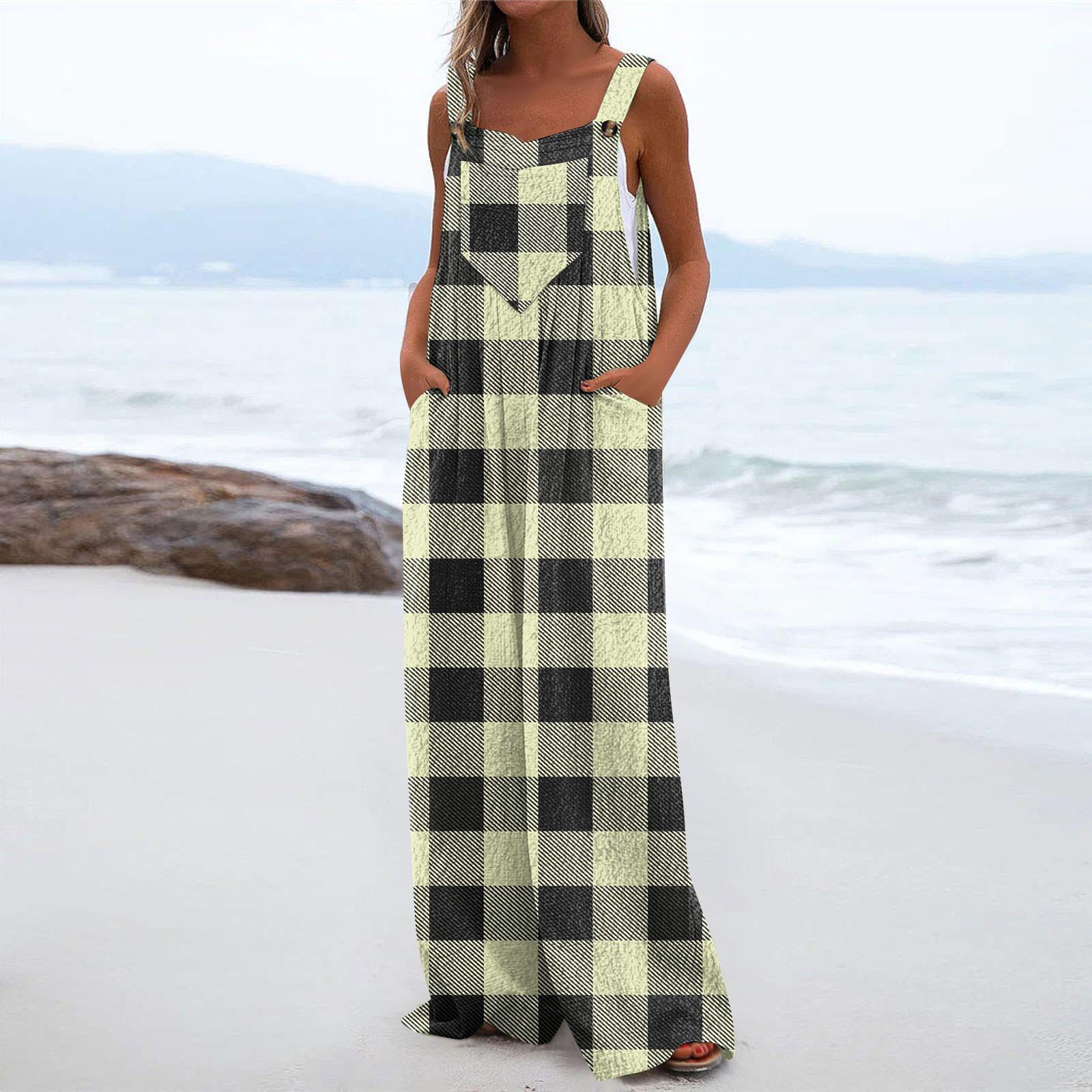 

Женский модный и повседневный свободный фланелевый комбинезон с карманами и принтом XL жёлтый