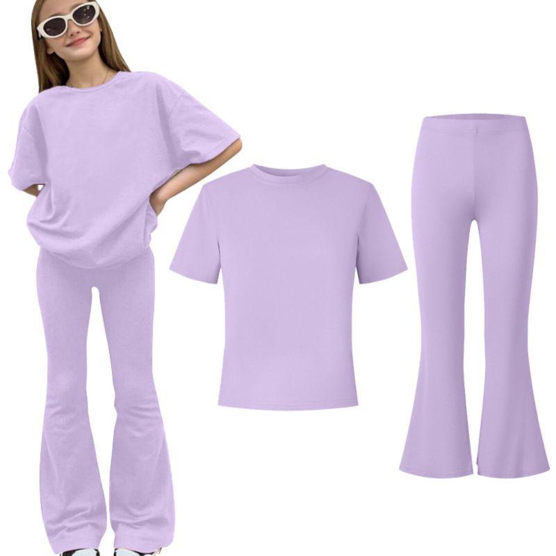 8-12 Years Girls' Solid Color T-shirt and Flare Pants Set Casual Clothes