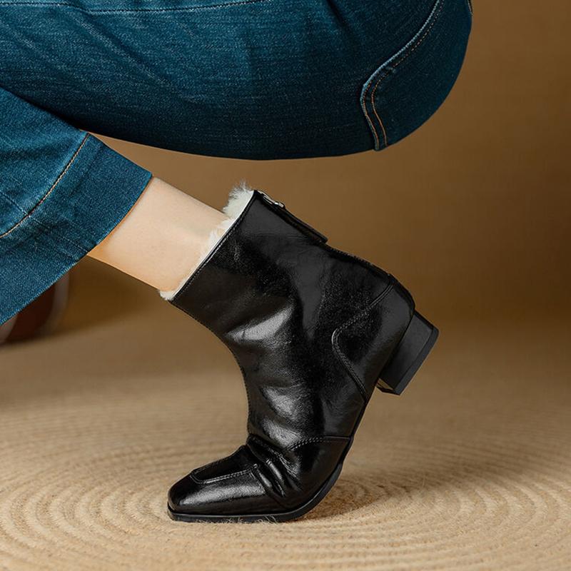 Fashion NEW Winter Women Boots Square Toe Chunky Heel Shoes Split Leather Shoes for Women Zipper Ankle Boots Warm Wool Modern Boots
