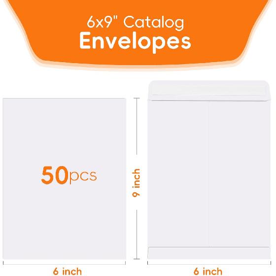 50 Pack 6x9 Envelopes Self Seal, White Catalog Mailing Envelopes 6 x 9 Manilla Envelopes for Mailing, Organize, Storage, Home, Office Business