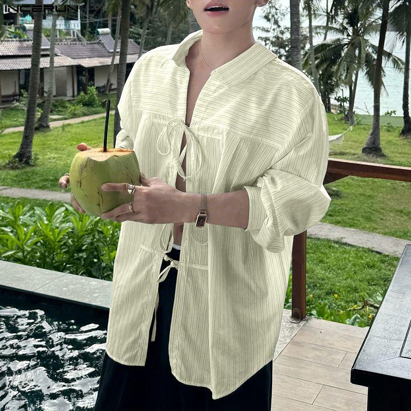 INCERUN Men Lapel Neck Long Sleeve Striped Print Bow Knot Casual Oversized Shirts