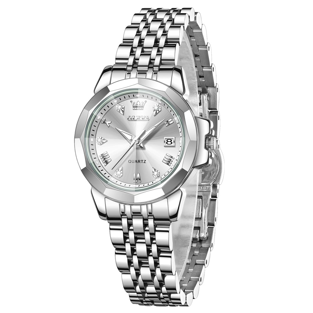OLEVS Quartz Watch with Stainless Date Fragrance White Women's Scent, Lightweight, Steel, Display, Diamonds, Waterproof, Luminous, Gift, Watch,