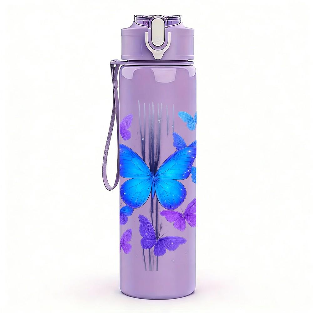 1PC Purple Butterfly Colorful Wings 750ml Color Plastic Sports Water Bottle Leakproof Flip Straw Lid Suitable for Sports Office Home Use